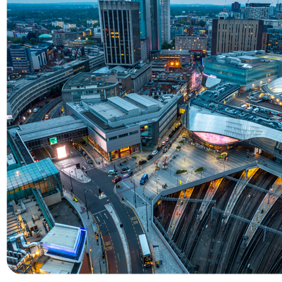 Grand Central station in Birmingham at dusk