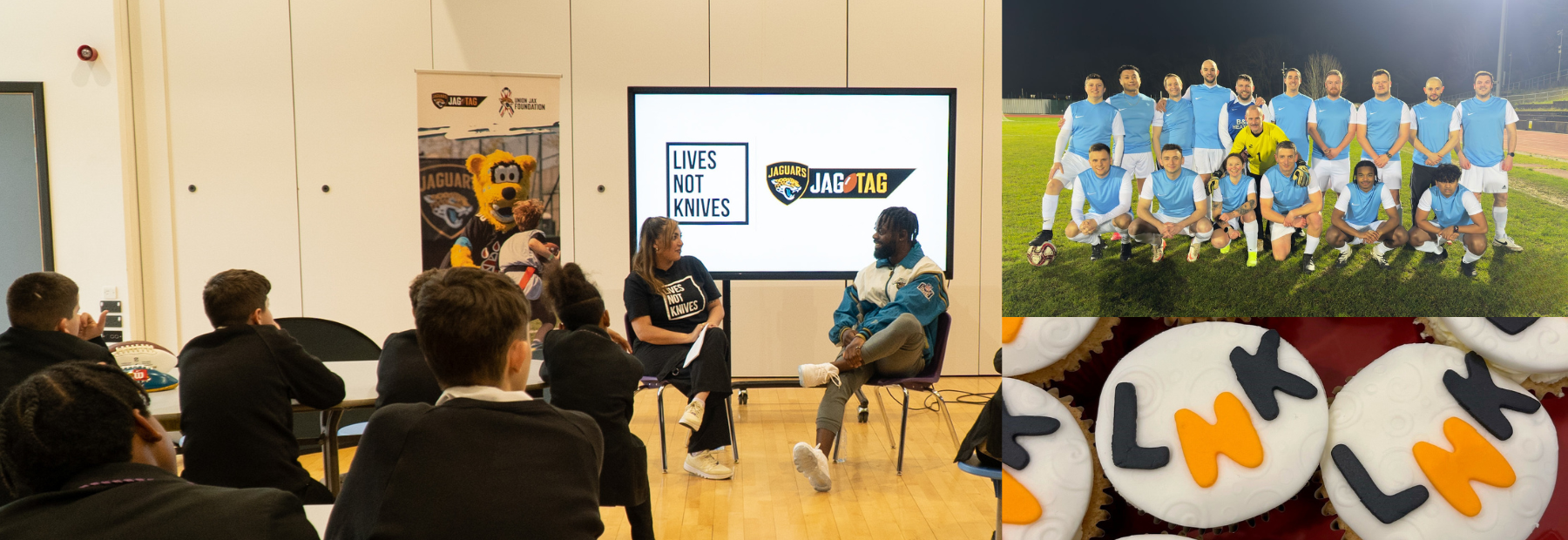 Collage image of young people at a presentation from Lives Not Knives, a fundraising football match, and a bake sale