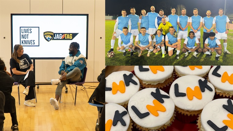 Collage image of young people at a presentation from Lives Not Knives, a fundraising football match, and a bake sale