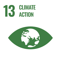 SDG goal 13 climate action, icon of an eye shape with a globe in the centre